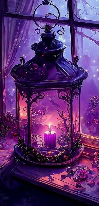 Mystical purple lantern with glowing candle and floral accents on windowsill.