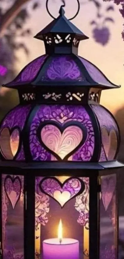 Purple lantern with heart patterns and candle.