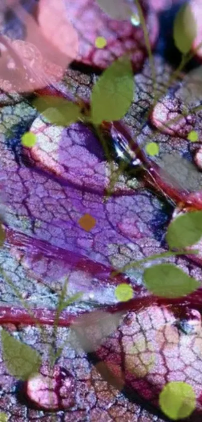 Purple leaf with raindrops and green leaves.