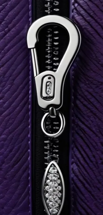 Close-up of a purple leather texture with a metal zipper.