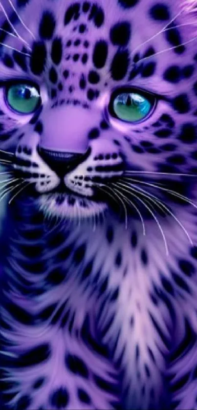 Purple leopard cub with blue eyes in a striking mobile wallpaper design.