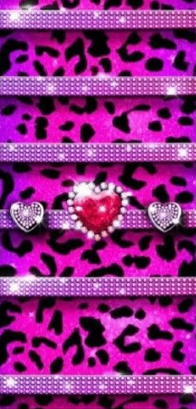 Purple leopard print with glitter heart wallpaper.