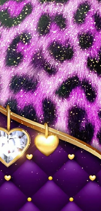 Purple leopard print wallpaper with heart charms and gold accents.