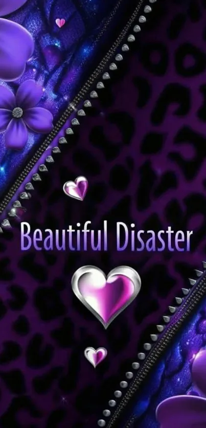 Purple leopard print wallpaper with hearts and flowers.