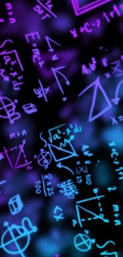 Neon math formulas and shapes on a purple background wallpaper.