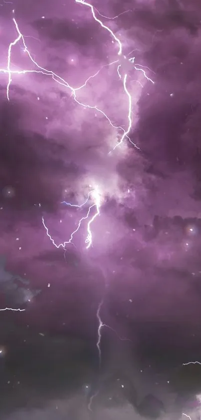 Purple lightning illuminates stormy clouds in a striking mobile wallpaper.