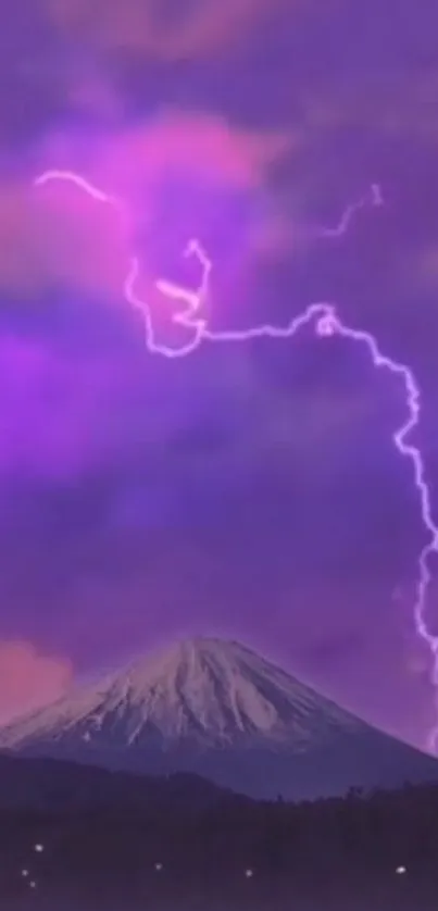 Purple lightning striking over a mountain landscape at dusk.