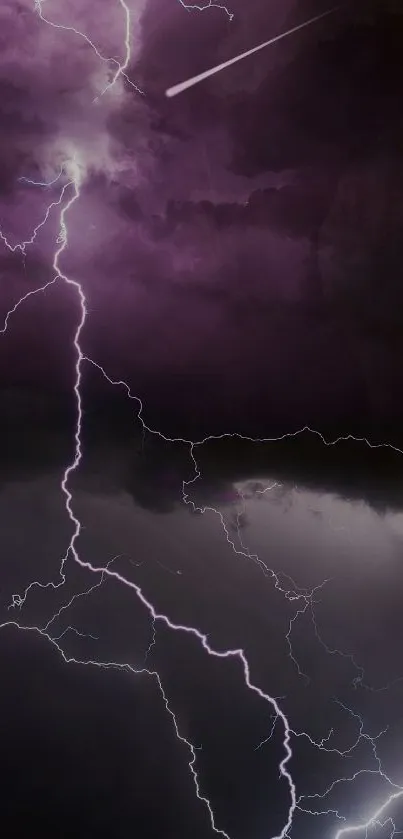 Purple lightning in dark stormy sky wallpaper.