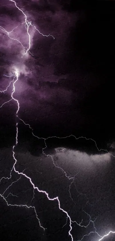 Purple lightning striking through dark stormy clouds.