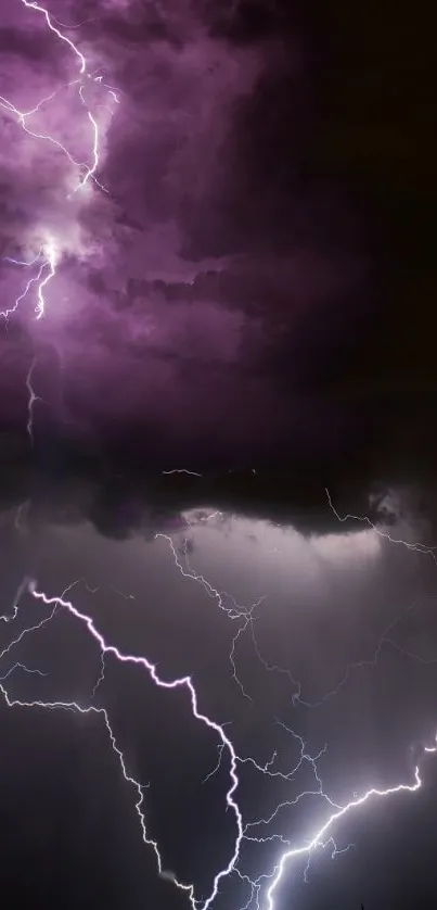 Purple lightning storm with dramatic dark clouds.