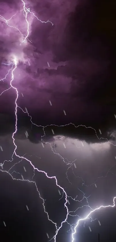 Purple lightning illuminates a dark stormy sky, creating a dramatic and vivid scene.