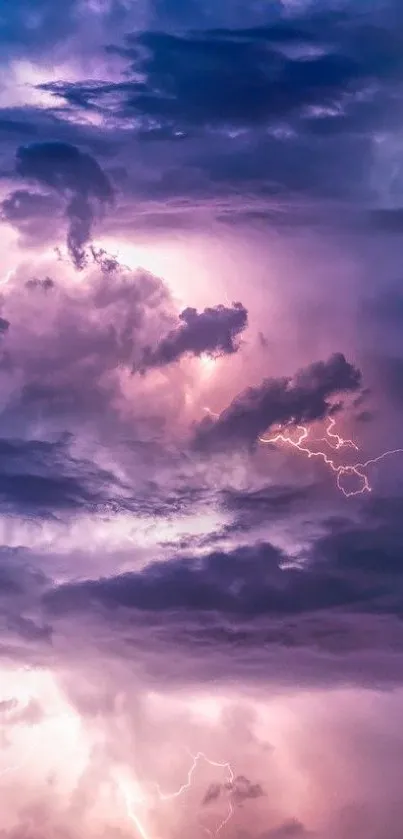 Purple storm clouds with lightning bolts in a striking mobile wallpaper.