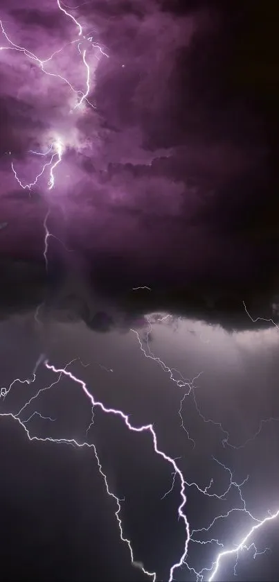 Purple night sky with vivid lightning and clouds.