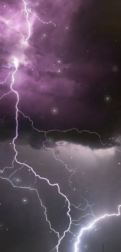 Purple lightning illuminates a stormy night sky.