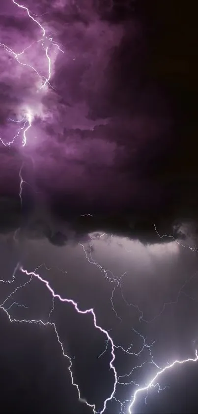 Dramatic lightning storm with purple clouds.