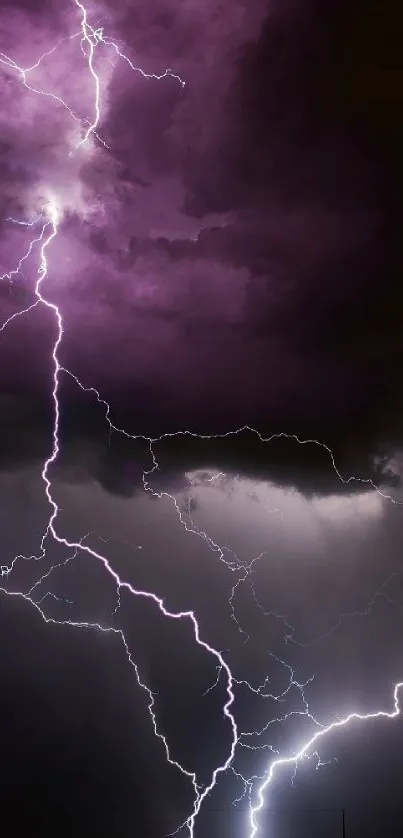 Purple lightning strikes through dark storm clouds in a vibrant night sky.