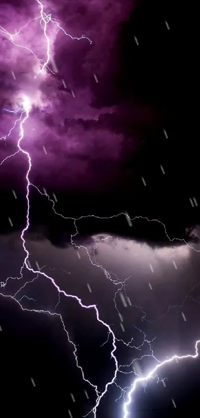Purple lightning storm cracks through dark clouds at night.