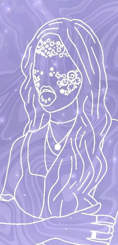 Illustrative line art of woman on purple background.