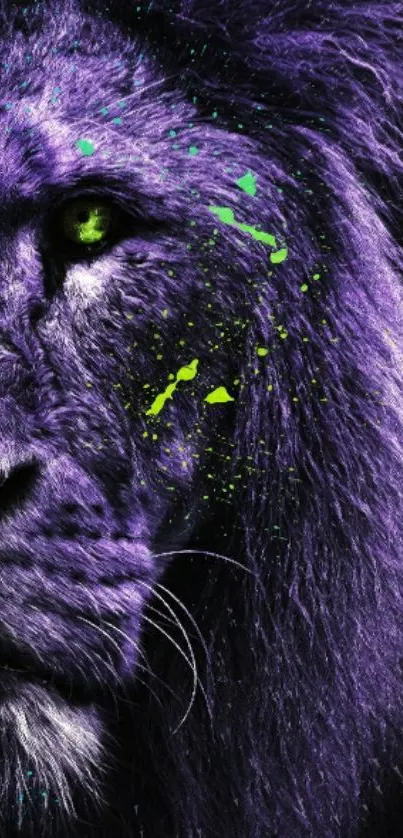 Artistic purple lion with neon green accents on a dark background.