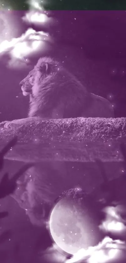 Majestic lion under purple night sky with moon and clouds.