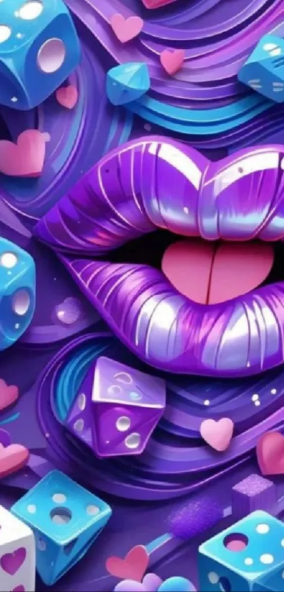 Vibrant mobile wallpaper with purple lips and colorful dice.