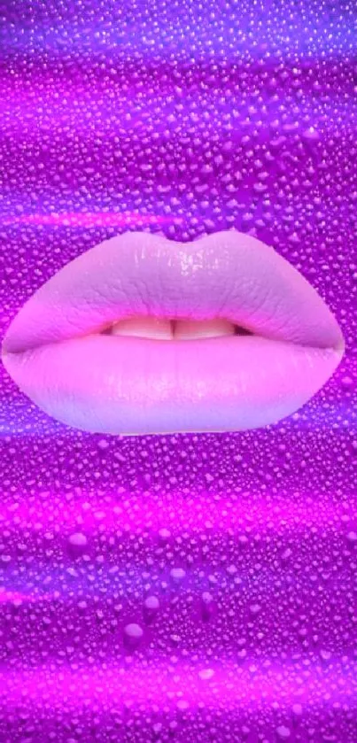 Vibrant purple wallpaper with lips design and water droplets.