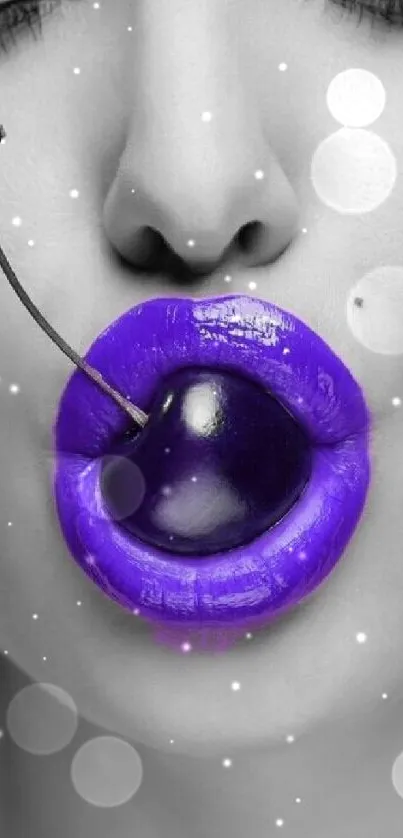 Striking purple lips with a black cherry on grayscale background.