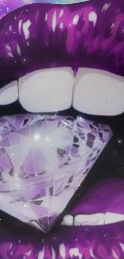 Dark purple lips holding a diamond spark in a close-up art design.