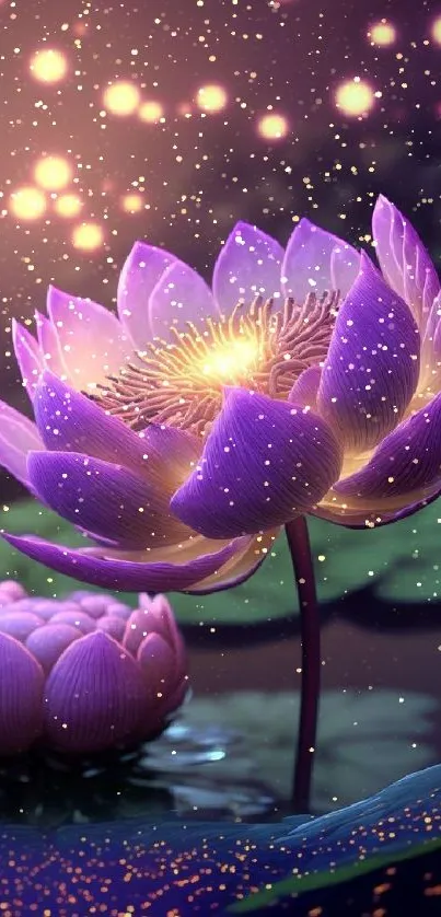 Magical purple lotus with glowing petals on tranquil water background.