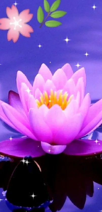 Purple lotus flower reflecting on serene water surface.