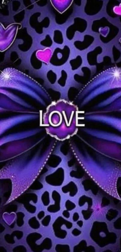 Purple wallpaper with a love-themed bow and heart patterns.
