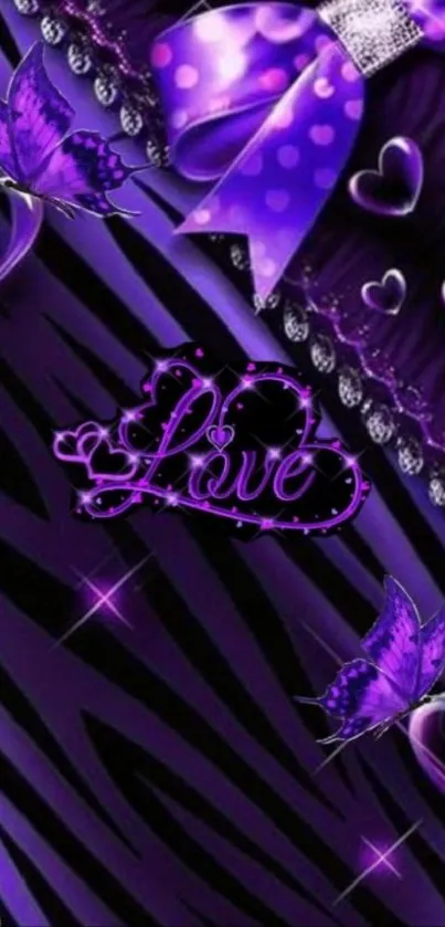 Purple wallpaper with butterflies, hearts, and love text.