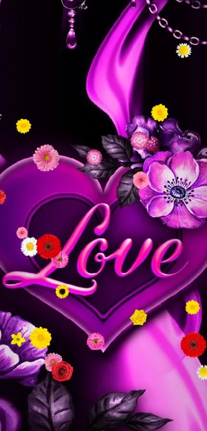 Purple love heart wallpaper with floral and artistic theme.