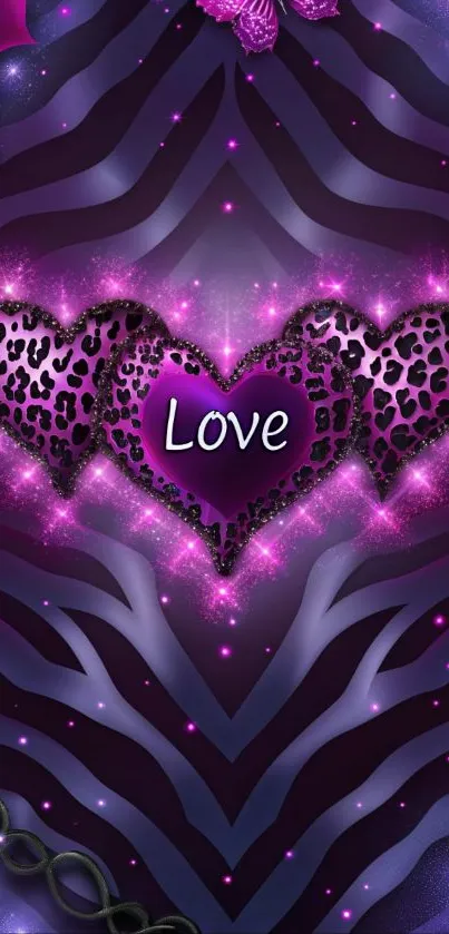 Purple heart design with leopard pattern on vibrant wallpaper.