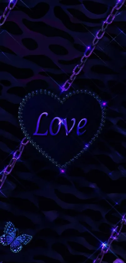 Purple heart with chains and butterfly on a dark background