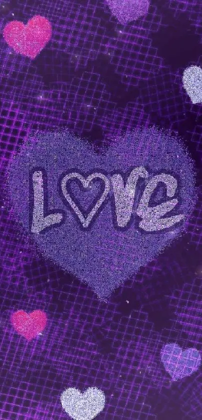 Purple love heart wallpaper with textured grid design.