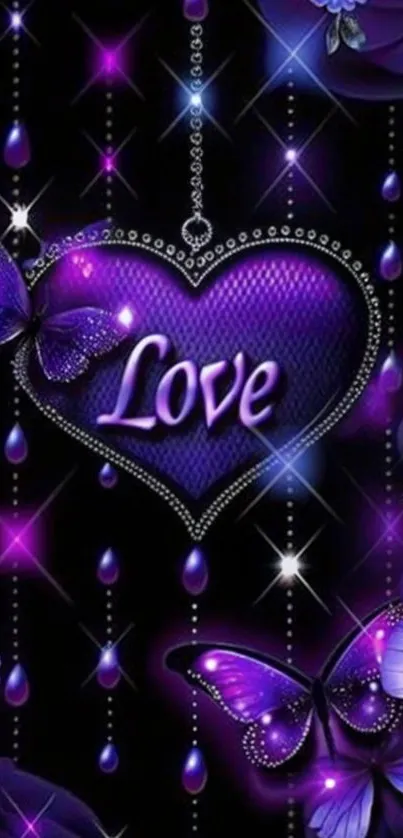 Purple love heart with butterflies and floral design wallpaper.