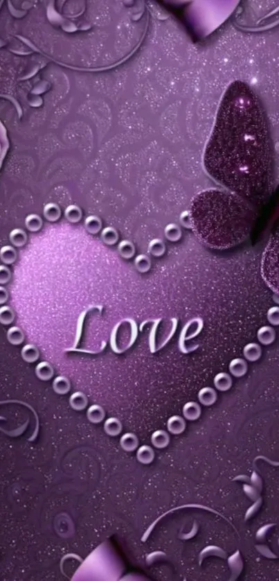 Purple heart with butterfly design on elegant wallpaper.