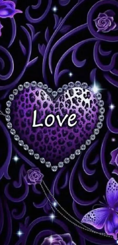 Purple heart with floral design mobile wallpaper.