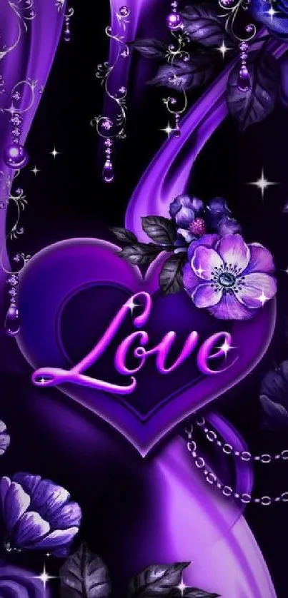 Purple heart love wallpaper with floral accents.