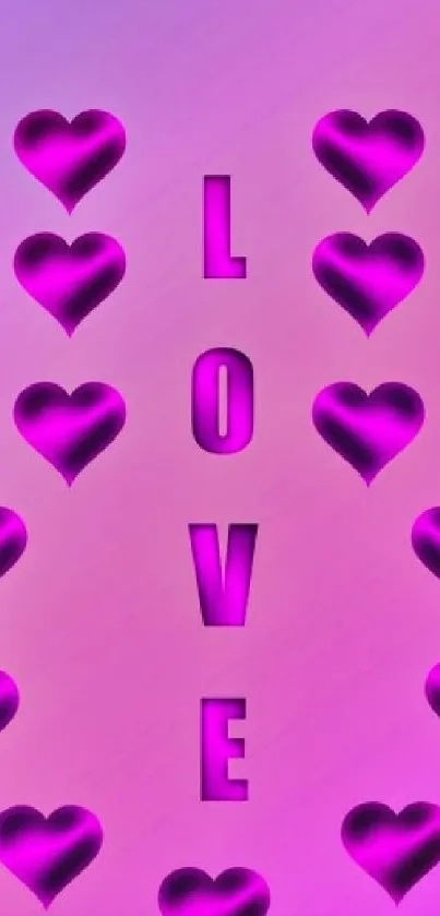 Purple hearts with 'LOVE' text on gradient background.