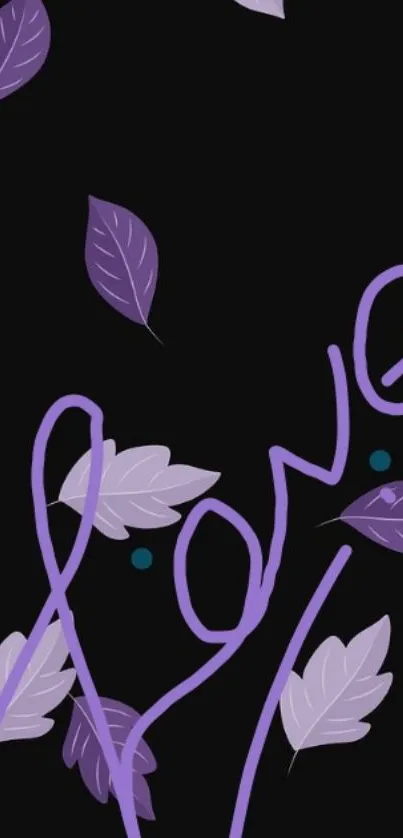 Purple leaves and 'love' on dark wallpaper.