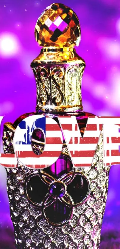 Purple background with perfume bottle and LOVE text.