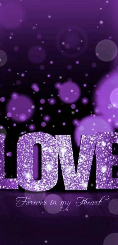 Purple love mobile wallpaper with bokeh and sparkle effect.