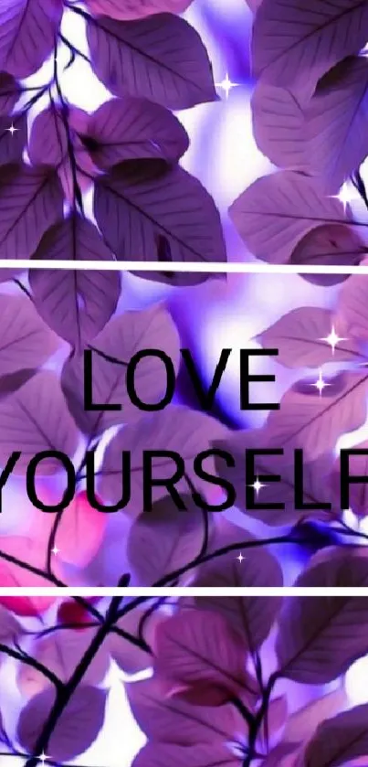 Purple leaves wallpaper with inspirational text 'Love Yourself'.