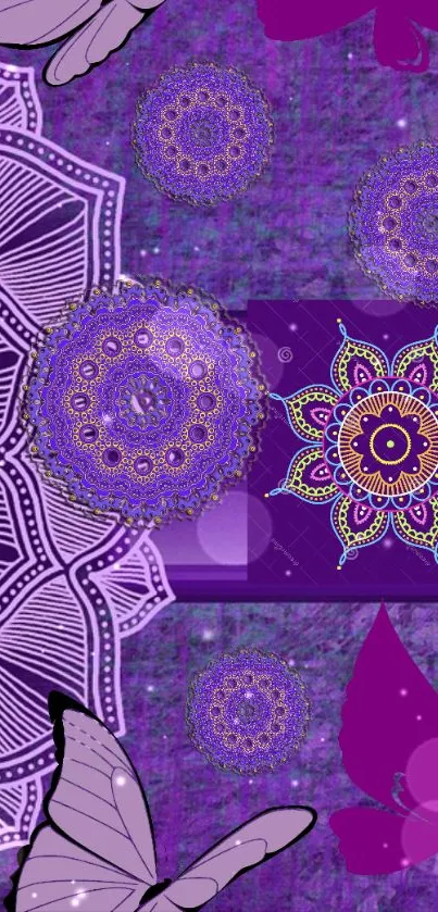 Artistic wallpaper with purple mandalas and butterflies.