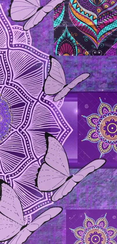 Purple mandala wallpaper featuring butterflies and abstract designs.