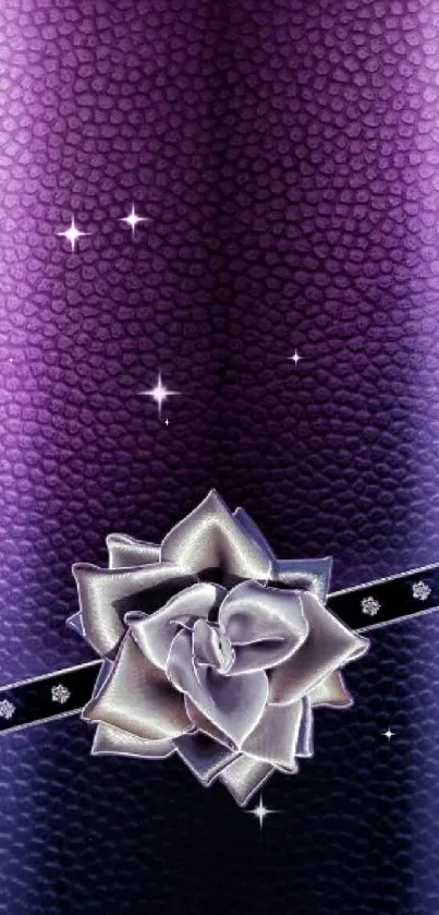 Purple metallic mobile wallpaper with silver flower and black ribbon.