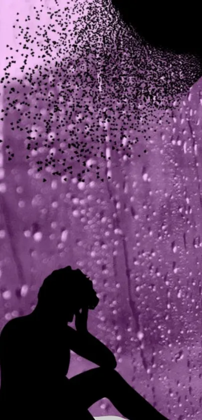 Purple silhouette with raindrops on a mobile wallpaper.