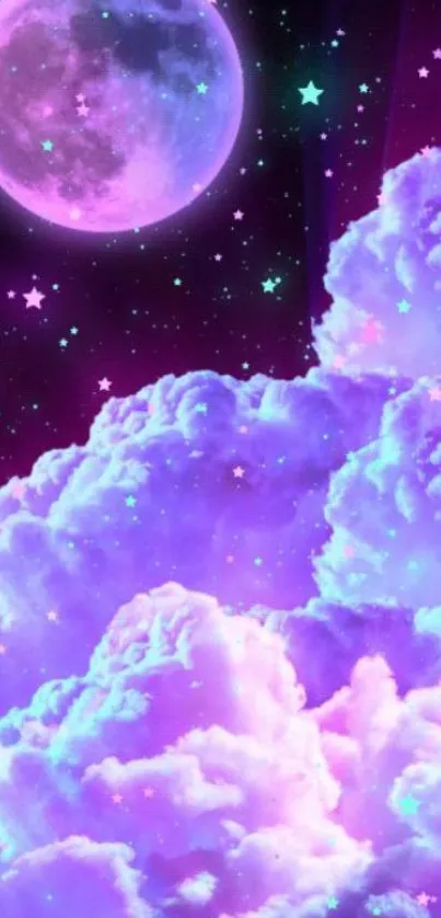 Enchanted purple moon and clouds wallpaper with starry night sky.